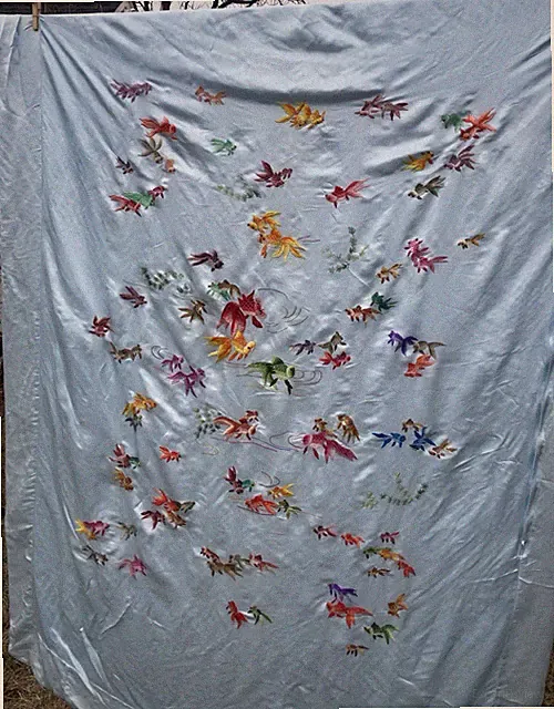 Embroidered Kio Fish Duvet Cover Bedspread Blue Satin 54"x76"