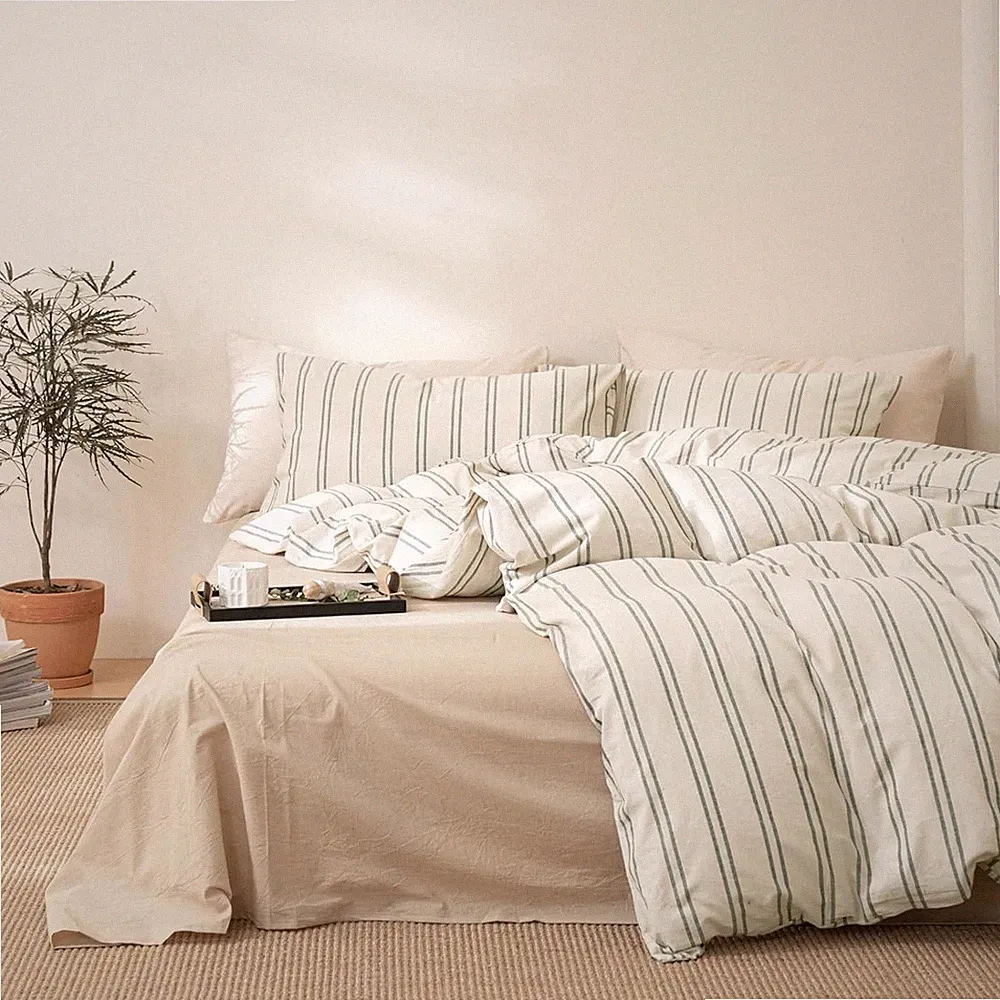 Full Beige Duvet Cover Set Green Gray Striped Bedding Set Soft Washed Cotton 3 P