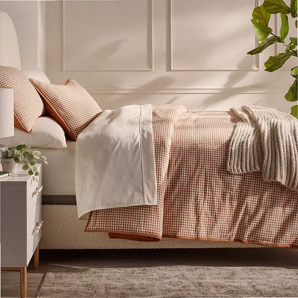 Full/Queen Mini Gingham Duvet and Sham Set Camel - Threshold: Machine Washable