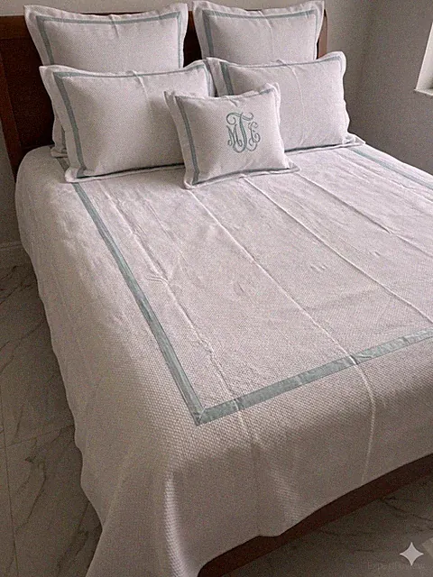 Look Linen Co Twin Banded Duvet Cover White Blue Trim Cotton Portugal Luxury