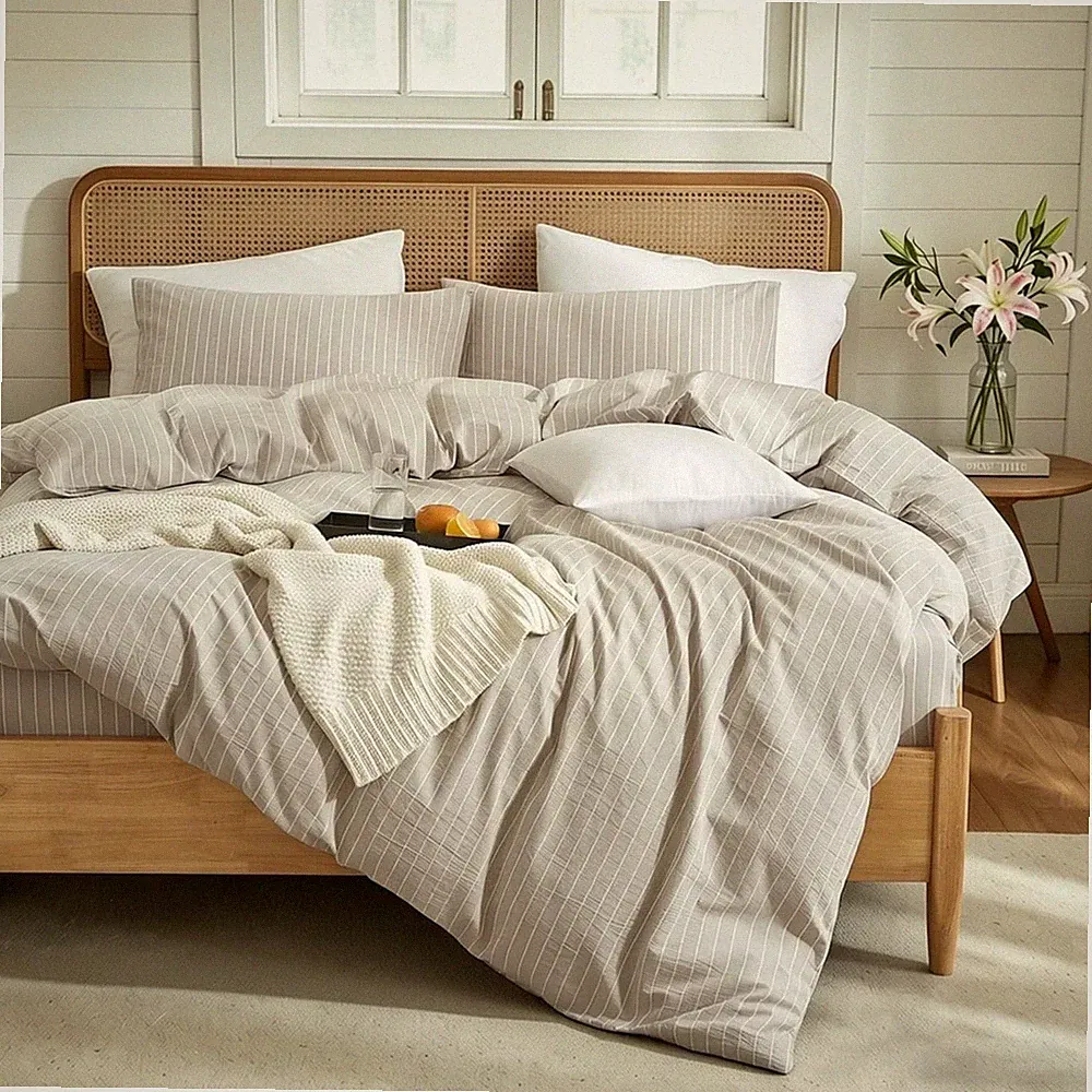 Striped Duvet Cover Set 3 Piece 100% Washed Cotton Linen like Textured Bedding C