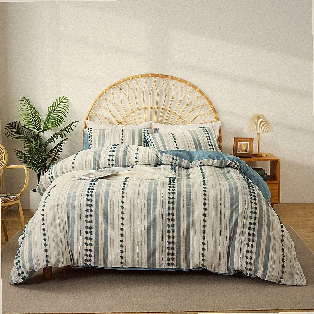 Washed Cotton Full Size Duvet Cover Set - Tufted Dots Boho Chic Bedding for A...